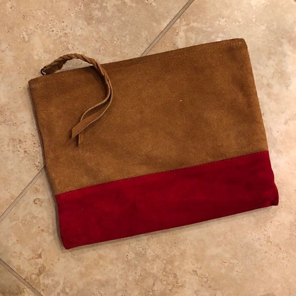 LIKE NEW Suede Clutch Large Red Tan Genuine Bag - Picture 3 of 7
